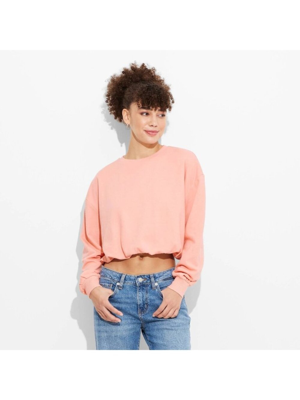 Women's Bubble Hem Cropped Sweatshirt Size Large Wild Fable Peach Lined Bodice